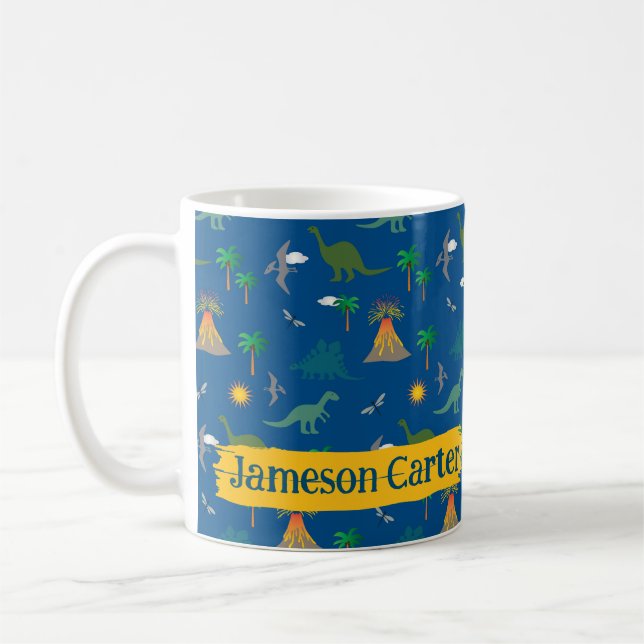 Cute Blue Dinosaur Pattern Wildlife Plants Name Coffee Mug (Left)