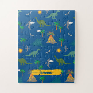 Cute Blue Dinosaur Pattern Wildlife Plants Name Jigsaw Puzzle