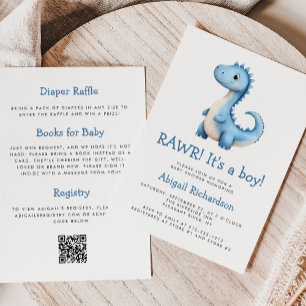 Cute Blue Dinosaur QR Code Boy Baby Shower Invitation