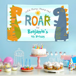 Cute Blue Dinosaurs Stomp Chomp Roar Boy Birthday  Banner<br><div class="desc">“Let’s stomp, chomp and roar”. Proudly welcome every guest of your son’s dinosaur birthday party! Display this stunning, modern, stylish, personalised banner to add to his special day. A fun, whimsical, playful visual of two cute, bold, kawaii, orange, green and blue blue t-rexs, and fun, handwritten typography over a light...</div>