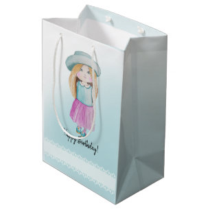 Cute Blue Doll Happy Birthday Watercolor Medium Gift Bag