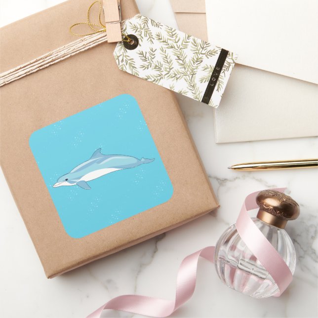 Cute Blue dolphin in the beach Square Sticker (Gifting)