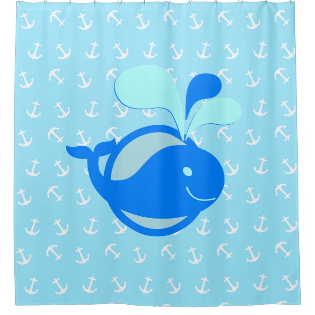 Cute Blue Dolphin On Anchor Pattern Shower Curtain (Front)