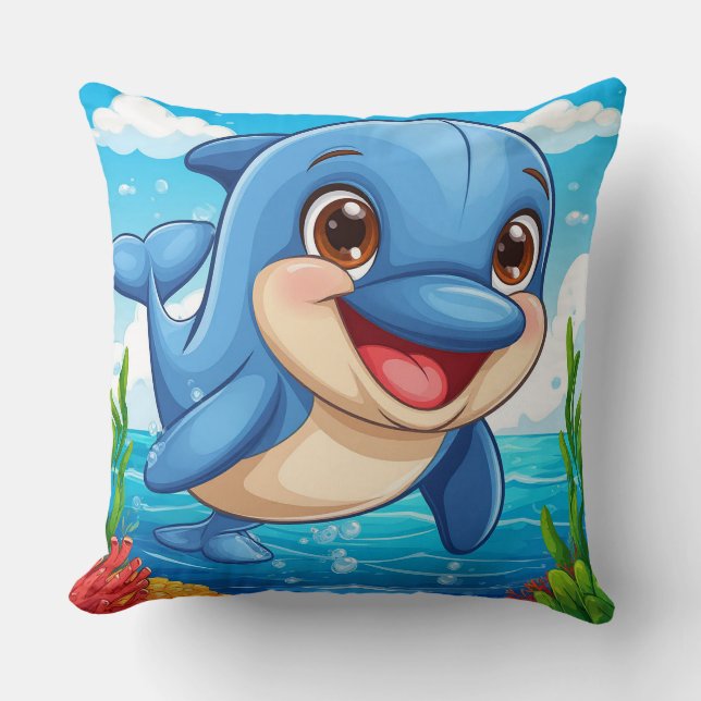Cute Blue Dolphin Playing Happily in Water Cushion (Front)