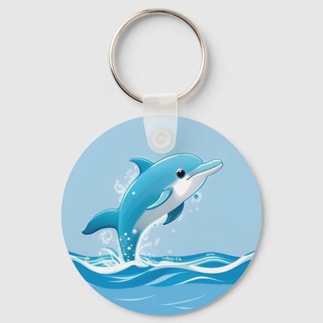 Cute Blue Dolphin Playing Happily in Water Key Ring (Front)