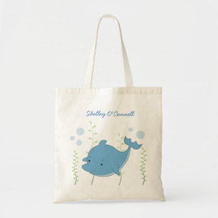 Cute Blue Dolphin School Book Library Canvas Bag