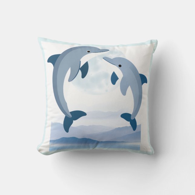 Cute Blue Dolphins Ocean Throw Pillow | Coastal Be (Front)