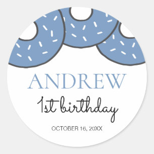 Cute Blue Doughnut Boy First 1st Birthday Classic Round Sticker