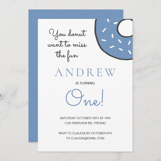 Cute Blue Doughnut Boy Turning One First Birthday Invitation (Front/Back)