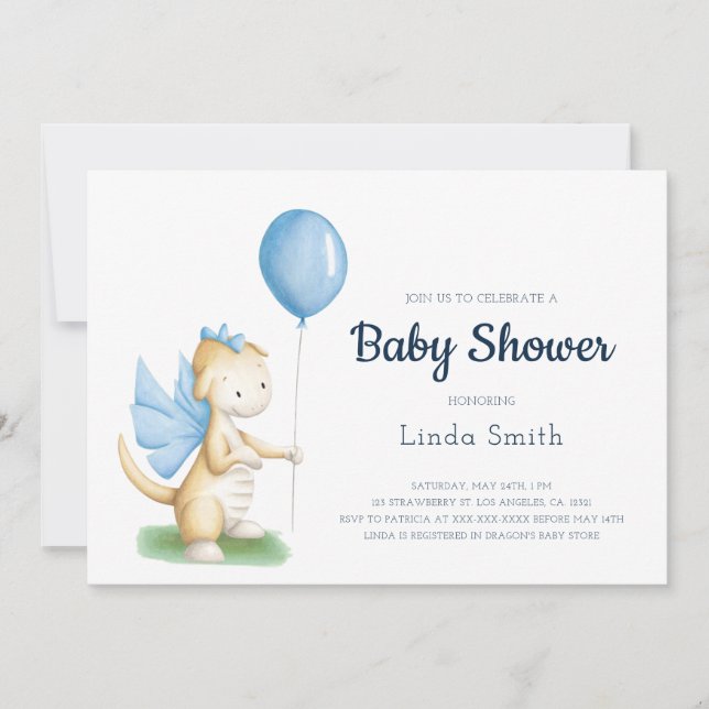 Cute Blue Dragon Boy Baby Shower Invitation (Front)