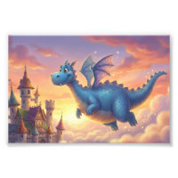 Cute Blue Dragon Flying Over Castle