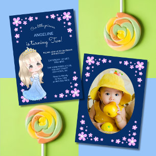 Cute Blue Dress Princess Floral Photo Birthday  Invitation