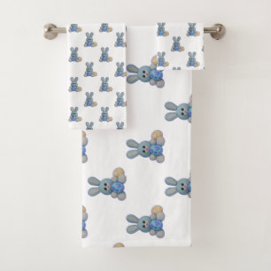 Cute Blue Easter Bunny Bath Towel Set