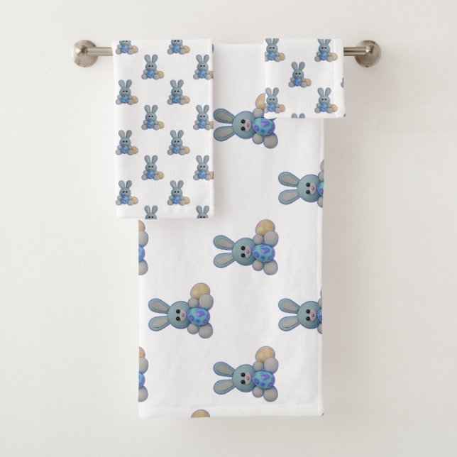 Cute Blue Easter Bunny Bath Towel Set (Insitu)