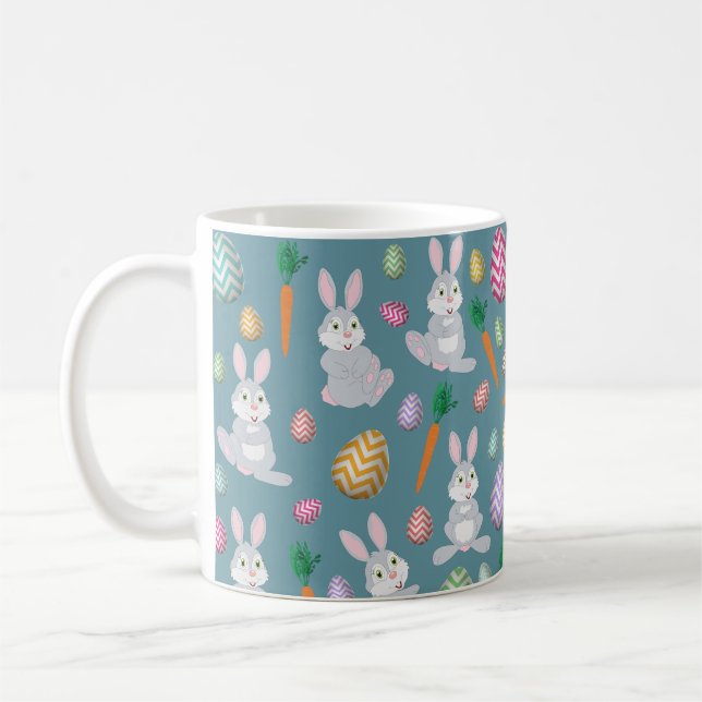 Cute Blue Easter Bunny Rabbit Pattern Coffee Mug (Left)