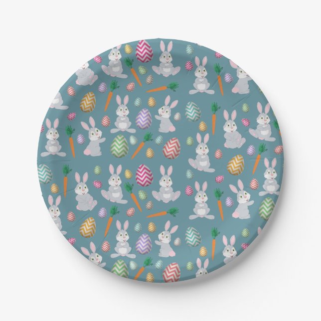 Cute Blue Easter Bunny Rabbit Pattern Paper Plate (Front)