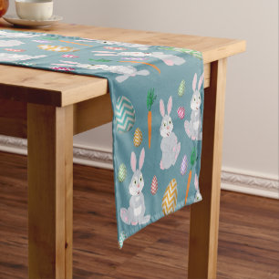 Cute Blue Easter Bunny Rabbit Pattern Short Table Runner