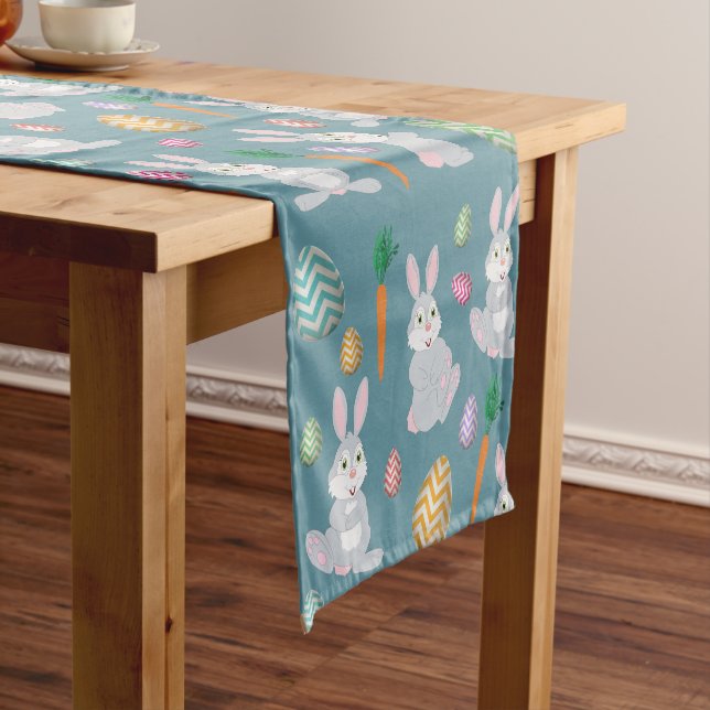 Cute Blue Easter Bunny Rabbit Pattern Short Table Runner (In Situ)