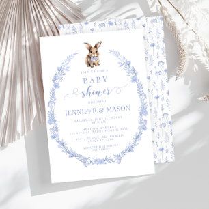 Cute blue Easter rabbit baby boy shower invitation