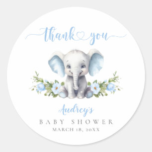 Cute Blue Elephant Baby Boy Shower Thank You Classic Round Sticker