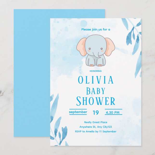 Cute Blue Elephant Baby Shower Invitation (Front/Back)