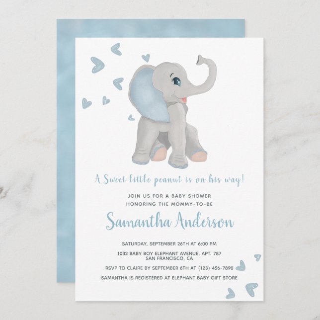 Cute Blue Elephant Baby Shower Watercolor Invitation (Front/Back)