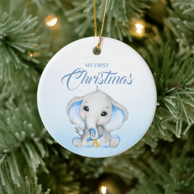 Cute Blue Elephant Baby's First Christmas Ceramic Ornament (Tree)