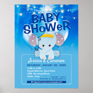 Cute Blue Elephant & Balloons Baby Party Flyer Poster