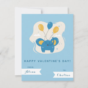 Cute Blue Elephant & Balloons Kids Valentines Day Card