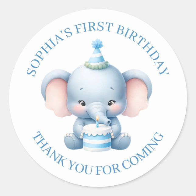 Cute Blue Elephant Birthday Thank You Sticker (Front)