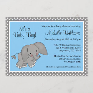 Cute Blue Elephant Boy Baby Shower Invitation