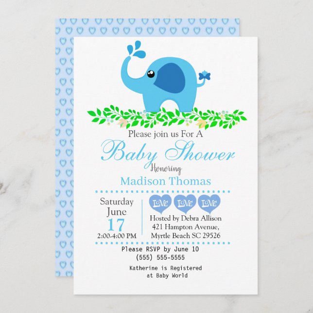 Cute Blue Elephant Boy Baby Shower Invitation (Front/Back)
