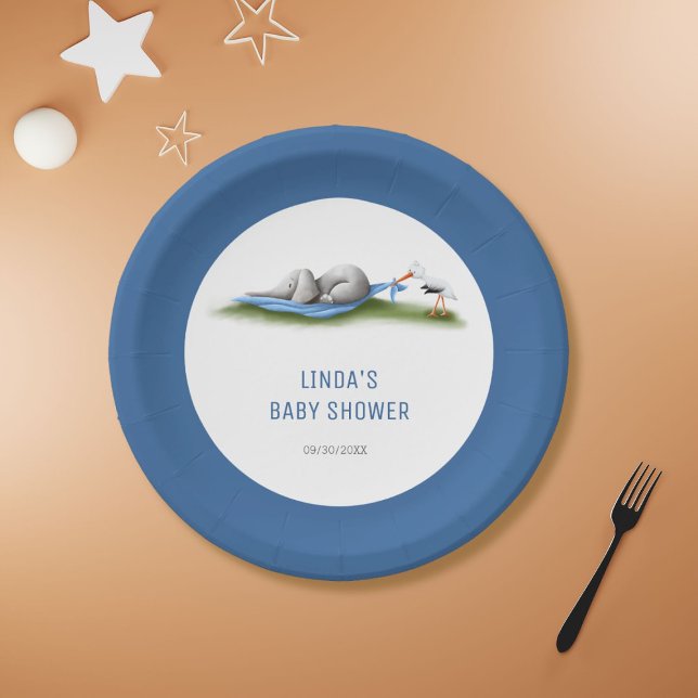 Cute Blue Elephant Boy Baby Shower Paper Plate (Creator Uploaded)