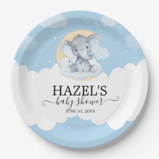 Cute Blue Elephant Boy Little Peanut Baby Shower Paper Plate (Front)