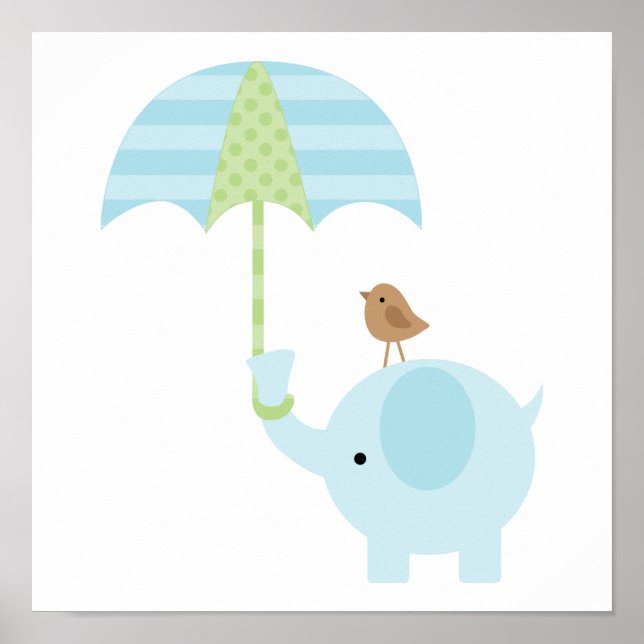 Cute Blue Elephant Boy Nursery Poster (Front)