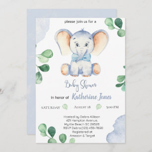 Cute Blue Elephant Boys Baby Shower  Invitation
