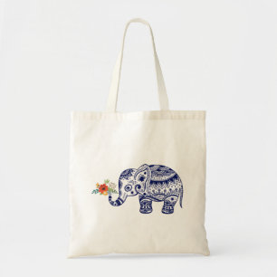 Cute Blue Elephant Bringing Colourful Flowers Tote Bag