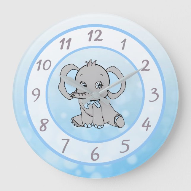 Cute blue  elephant children's or baby nursery large clock (Front)