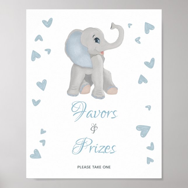 Cute Blue Elephant Favors Prizes Baby Shower Sign (Front)