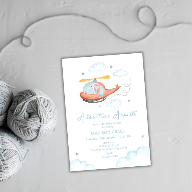 Cute Blue Elephant Helicopter Aeroplane Baby Showe Invitation (Cute Blue Elephant Helicopter Airplane Baby Shower Invitation)