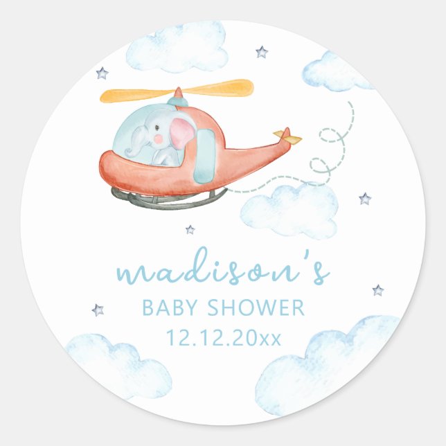 Cute Blue Elephant Helicopter Airplane Baby Shower Classic Round Sticker (Front)