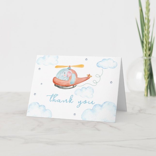Cute Blue Elephant Helicopter Baby Shower Thank You Card (Front)