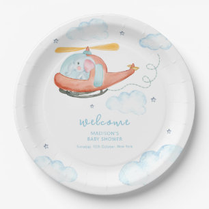 Cute Blue Elephant Helicopter Baby Shower Welcome  Paper Plate