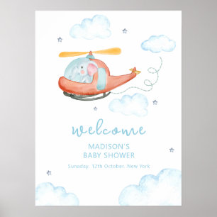 Cute Blue Elephant Helicopter Baby Shower Welcome  Poster