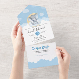 Cute Blue Elephant Little Peanut Boy Baby Shower All In One Invitation