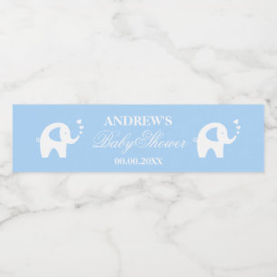 Cute blue elephant personalised boys baby shower water bottle label