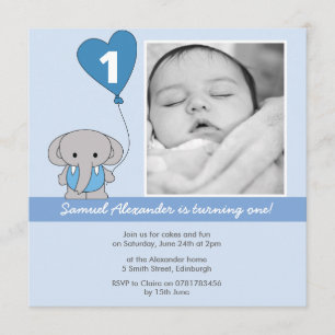 Cute Blue Elephant Photo First 1st Birthday Party Invitation