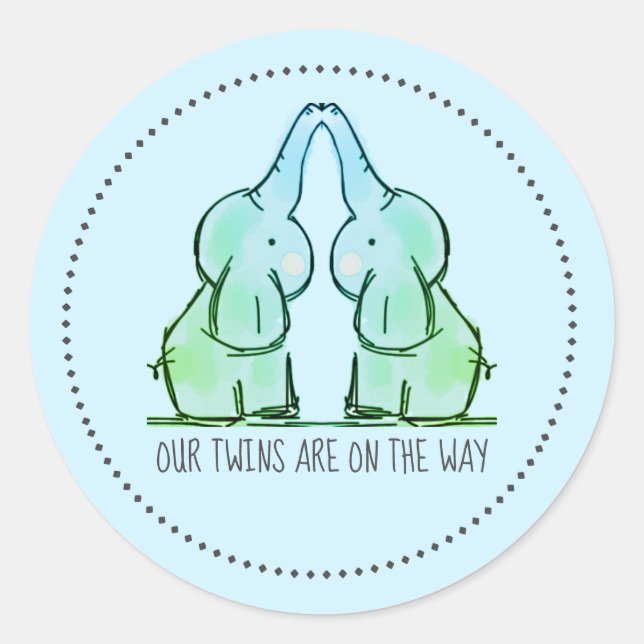 Cute Blue Elephant Twins Baby Shower Stickers (Front)