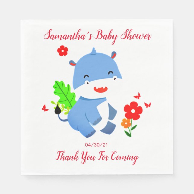 Cute Blue Elephant With Red Flowers Baby Shower Napkin (Front)