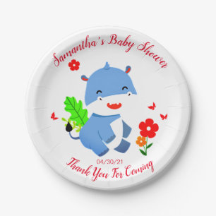 Cute Blue Elephant With Red Flowers Baby Shower Paper Plate